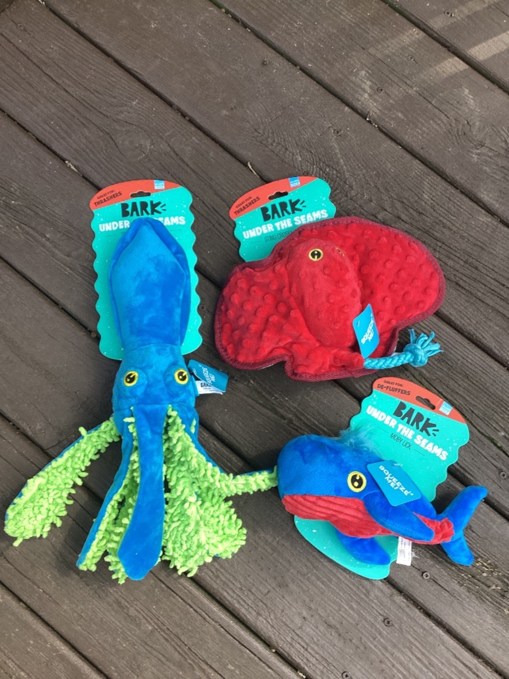 Bark Under the Seams Dog Toys Moby Lick Ray Squid Lot 3 Lot of 3 squeaky dog toy